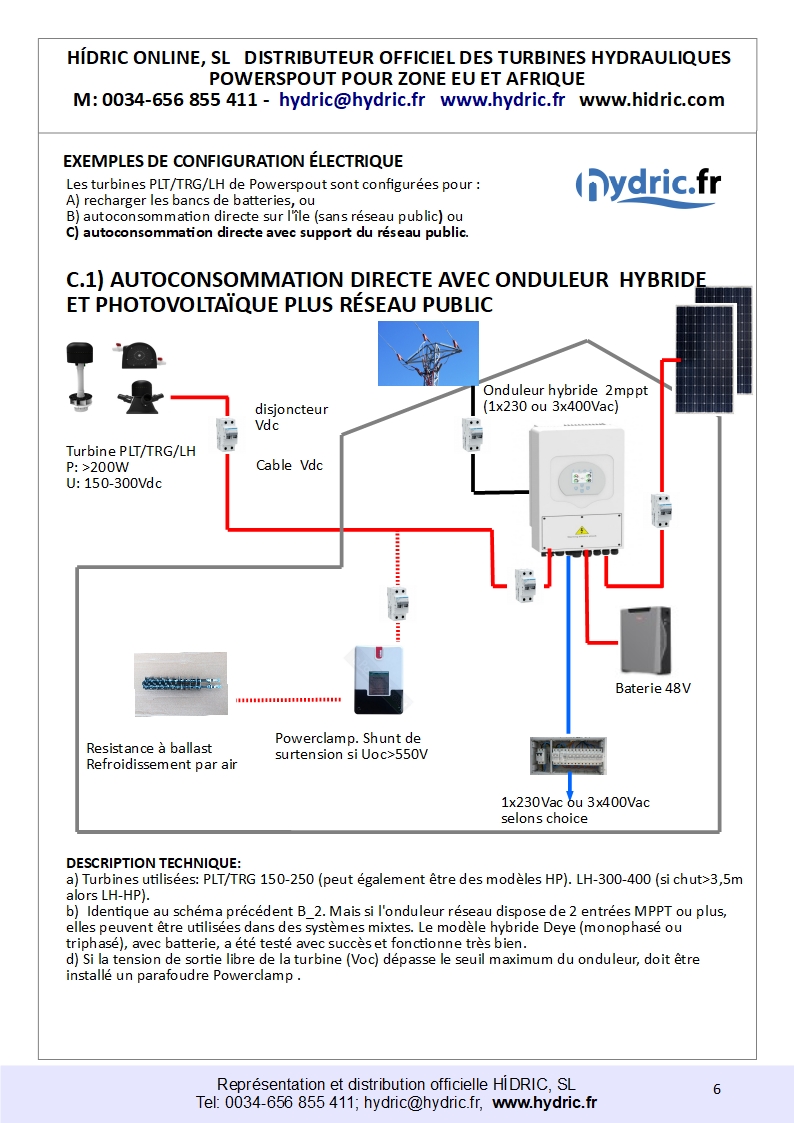 C_1_Exemples configurations eléctiques pour turbines Powerspout_ ou similaires 2024_onduleur hybride plus reseau
